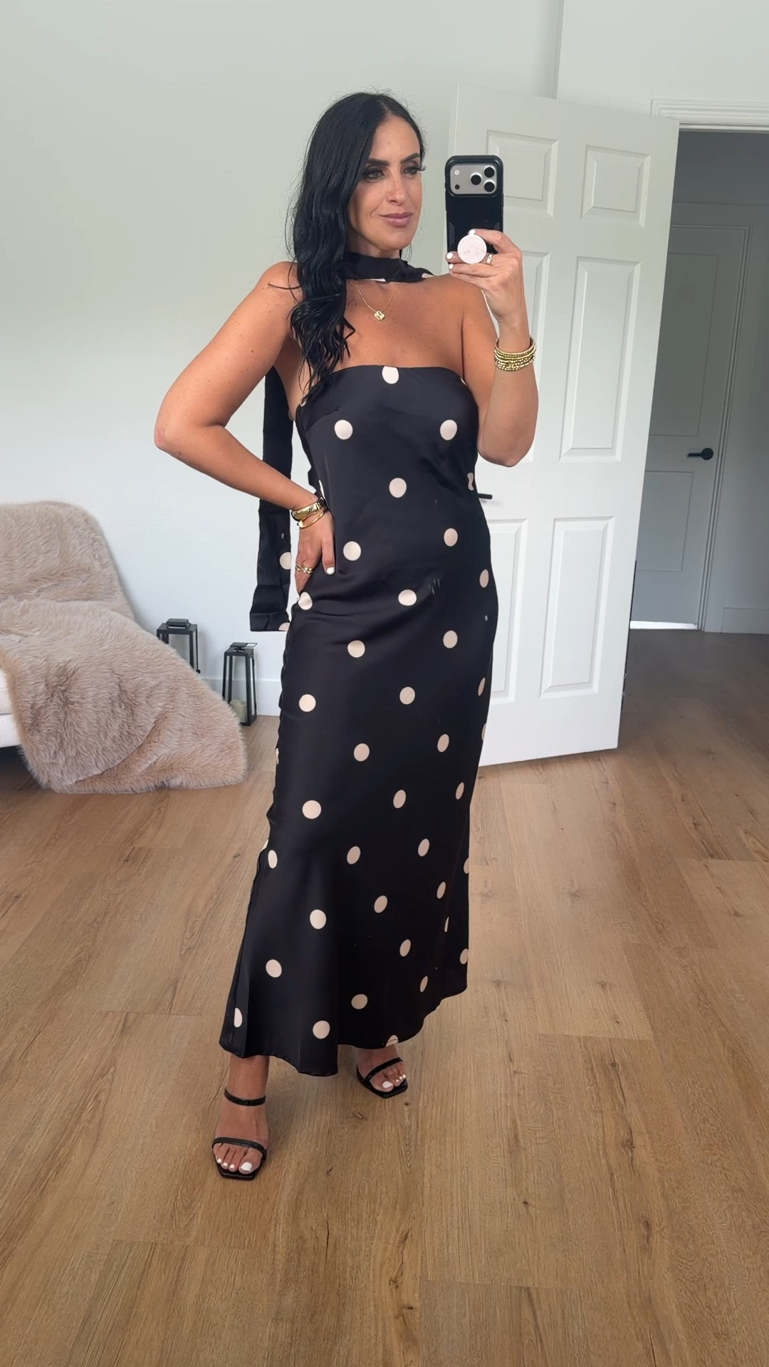 Petal & Pup Jutta Strapless Maxi Dress Black Polka Dot wearing size medium