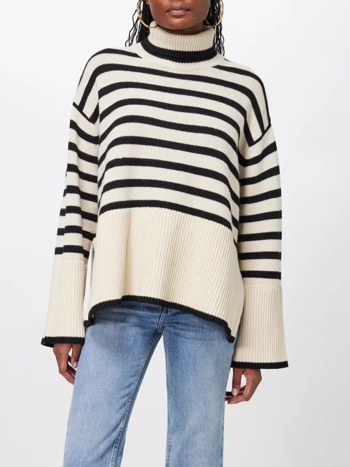 Toteme - Roll-neck Striped Wool-blend Sweater - Womens - Beige Stripe | Matches (US)