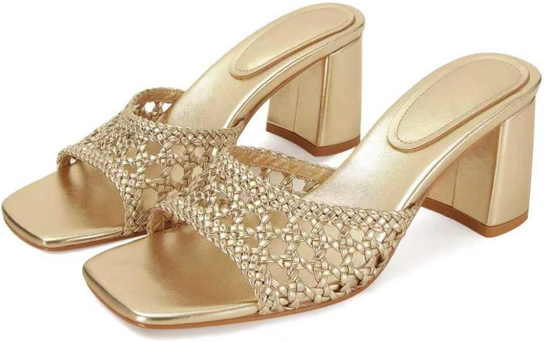 Block Chunky Heeled Sandal for Women Square Open Toe Sandals Slip on Mules Woven Dressy Party Sho... | Amazon (US)