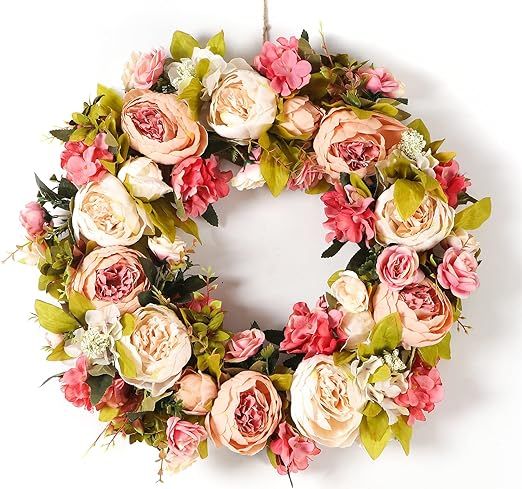Peony Spring Wreaths for Front Door Outside 23 inch Handmade Summer Wreaths for Front Door Wall W... | Amazon (US)