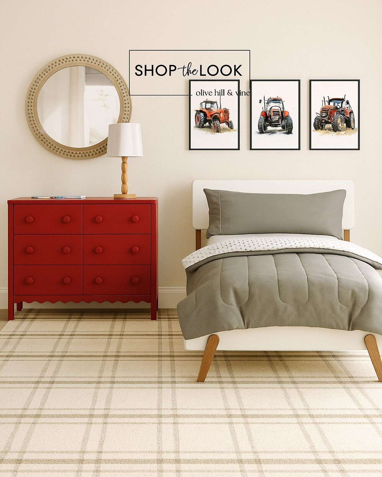 A bold red dresser, tractor art, and warm neutrals give this little bedroom a fun farmhouse vibe. Soft textures, a plaid rug, and simple shapes keep the look fresh, modern, and kid-friendly—all styled for easy, everyday charm. 

 

#LTKHome #LTKKids #LTKFamily
