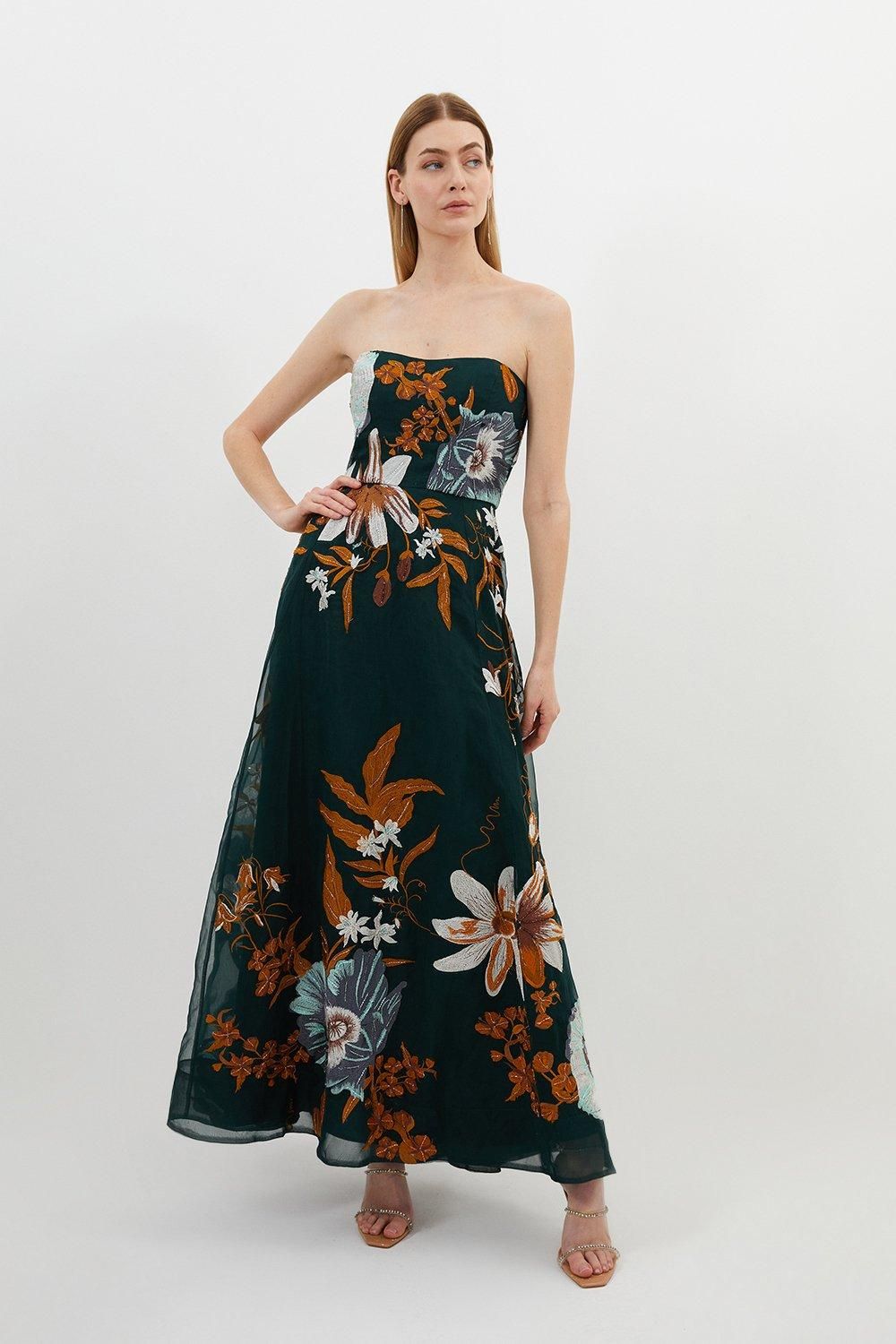 Premium Embroidered Bandeau Beaded Organdie Woven Maxi Dress | Karen Millen US
