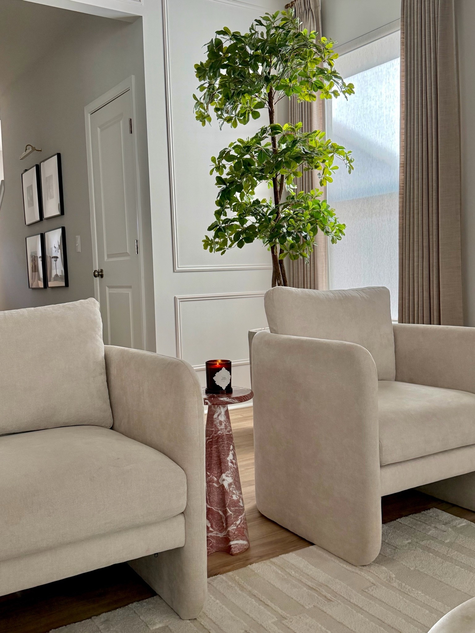 Cozy corner at home. Marble end table, accent chairs and the protagonist of the space.. Black Olive tree 🪴🍁🍂🤎

#LTKHome #LTKstorytime #LTKSeasonal