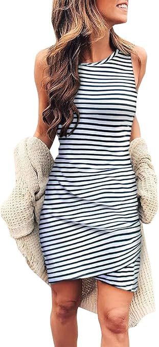 BTFBM Women Casual Dress Crew Neck Ruched Summer Sleeveless Tank Bodycon Shirt Short Mini Dresses | Amazon (US)