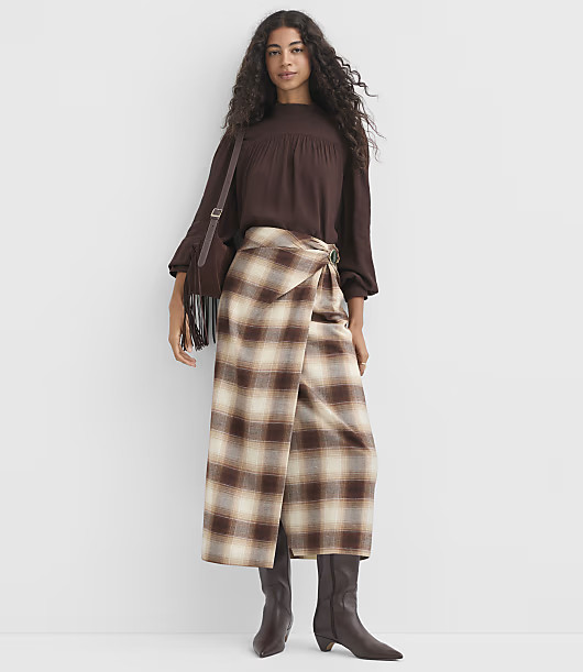 Loft Plaid Flannel Twist Midi Skirt | LOFT
