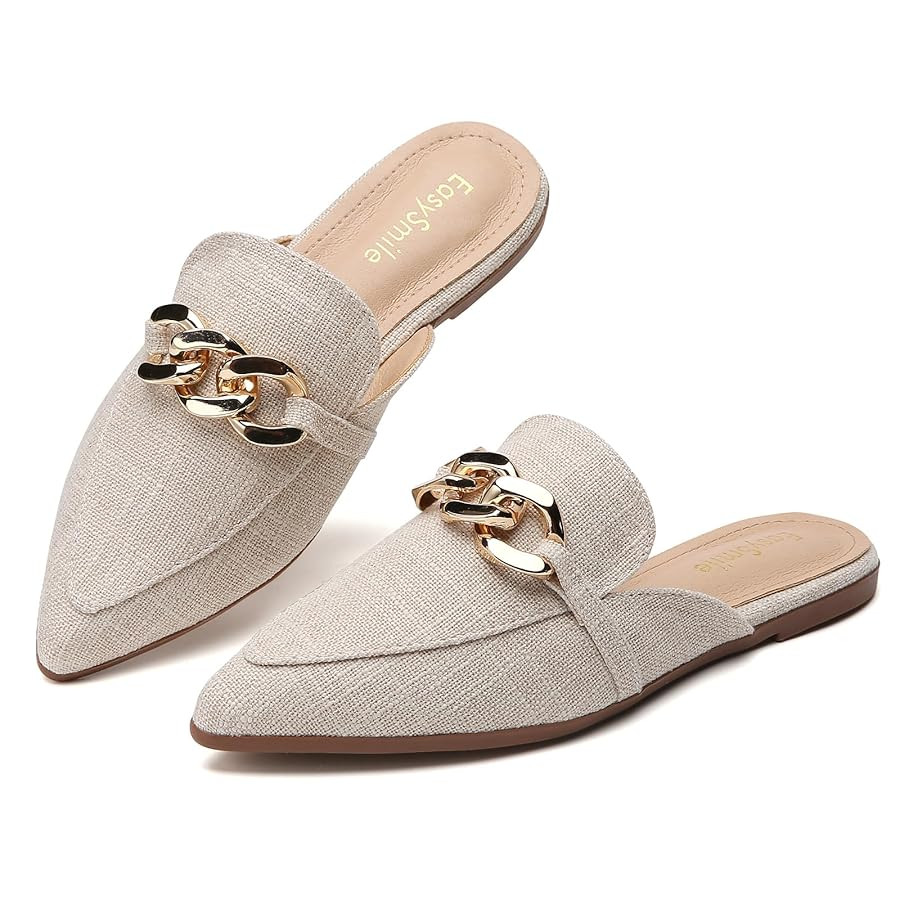 Metal Chain Decor Flat Mules for Women Closed Pointed Toe Slip on Loafers Slides Backless Mules S... | Amazon (US)