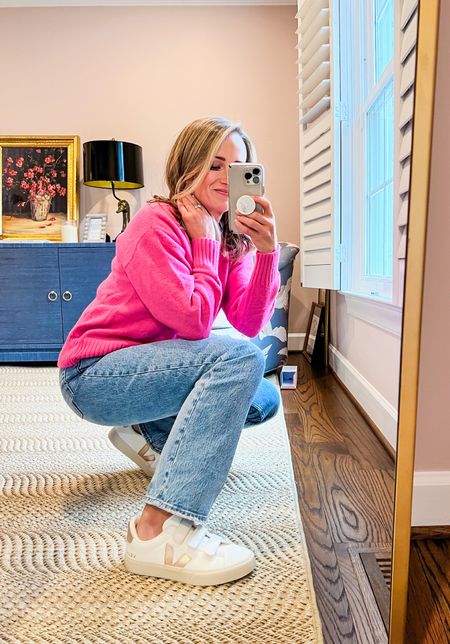 Loving my velcro Vejas — TTS, wearing a 7. Pairing them with this hot pink Amazon sweater and Abercrombie jeans.

#LTKFind#LTKshoecrush#LTKstyletip