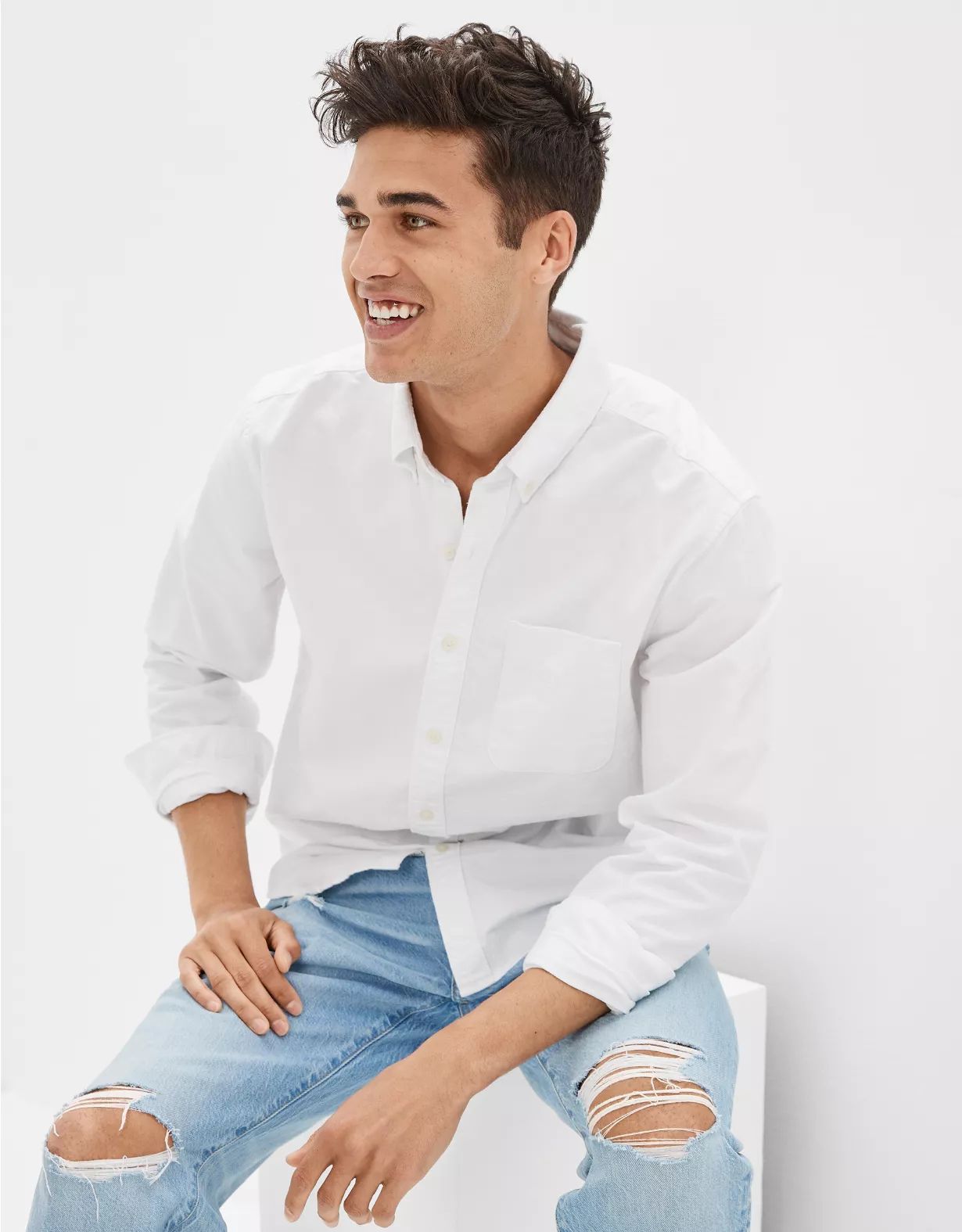 AE Distressed Oxford Button-Up Shirt | American Eagle Outfitters (US & CA)
