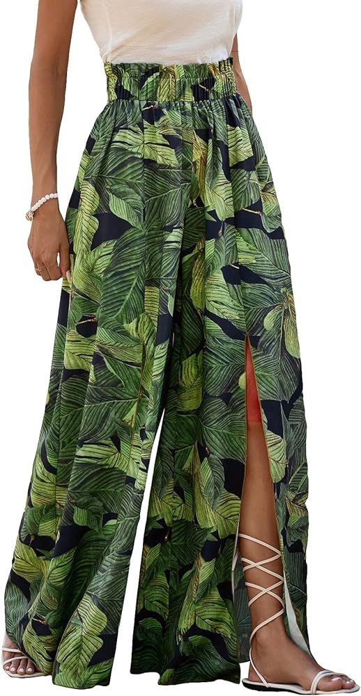 OYOANGLE Women's Casual Tropical Print Boho High Waist Wide Leg Split Maxi Long Pants | Amazon (US)