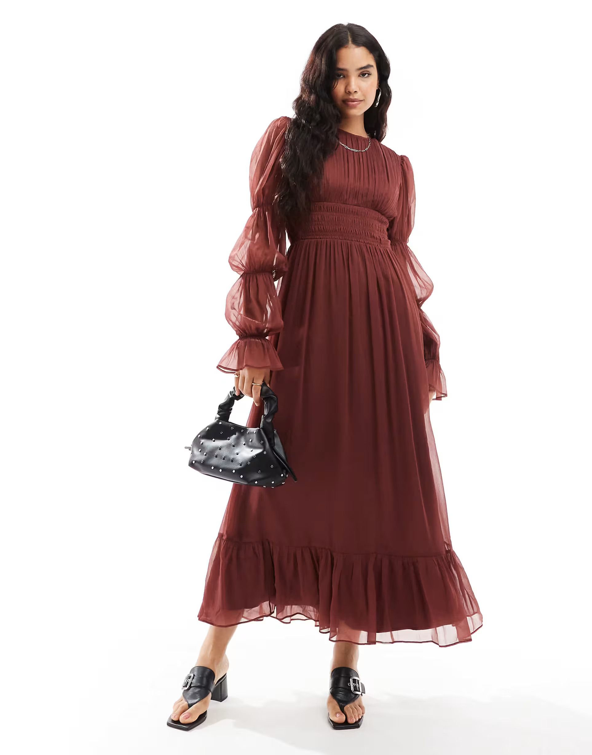 ASOS DESIGN shirred waist blouson tier sleeve maxi dress in burgundy | ASOS | ASOS (Global)