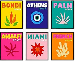 Haus and Hues Colorful Framed Wall Art - Set of 6 Trendy Travel Wall Decor, Aesthetic Preppy Room... | Amazon (US)