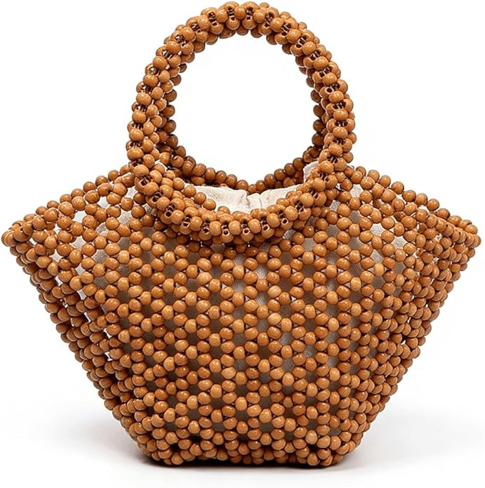 Beaded Bag Wood Bead Bucket Hobo Purse for Woman Natural Texture Rustic Style Summer Shoulder Han... | Amazon (US)
