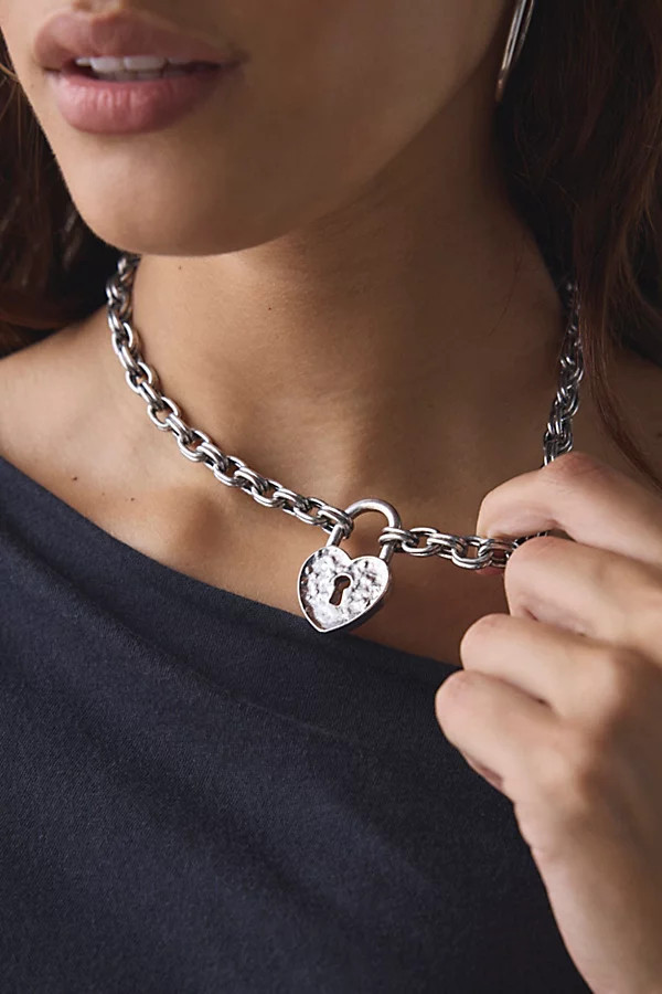 Athena Heart Padlock Pendant Necklace in Silver, Women's at Urban Outfitters | Urban Outfitters (US and RoW)
