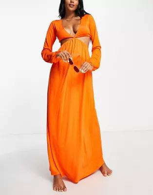 ASOS DESIGN long sleeve cut out detail beach maxi dress in orange | ASOS (Global)