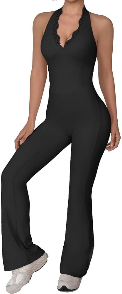 Women Workout Scrunch Flare Jumpsuits Lace Deep V Hanging Neck Halter Backless Butt Lift Gym Yoga... | Amazon (US)