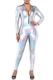 DIAMONDKIT Women's Shiny Metallic Bodysuit Sexy Jumpsuit Catsuit (VQ43 Multicolor Silver, M) | Amazon (US)