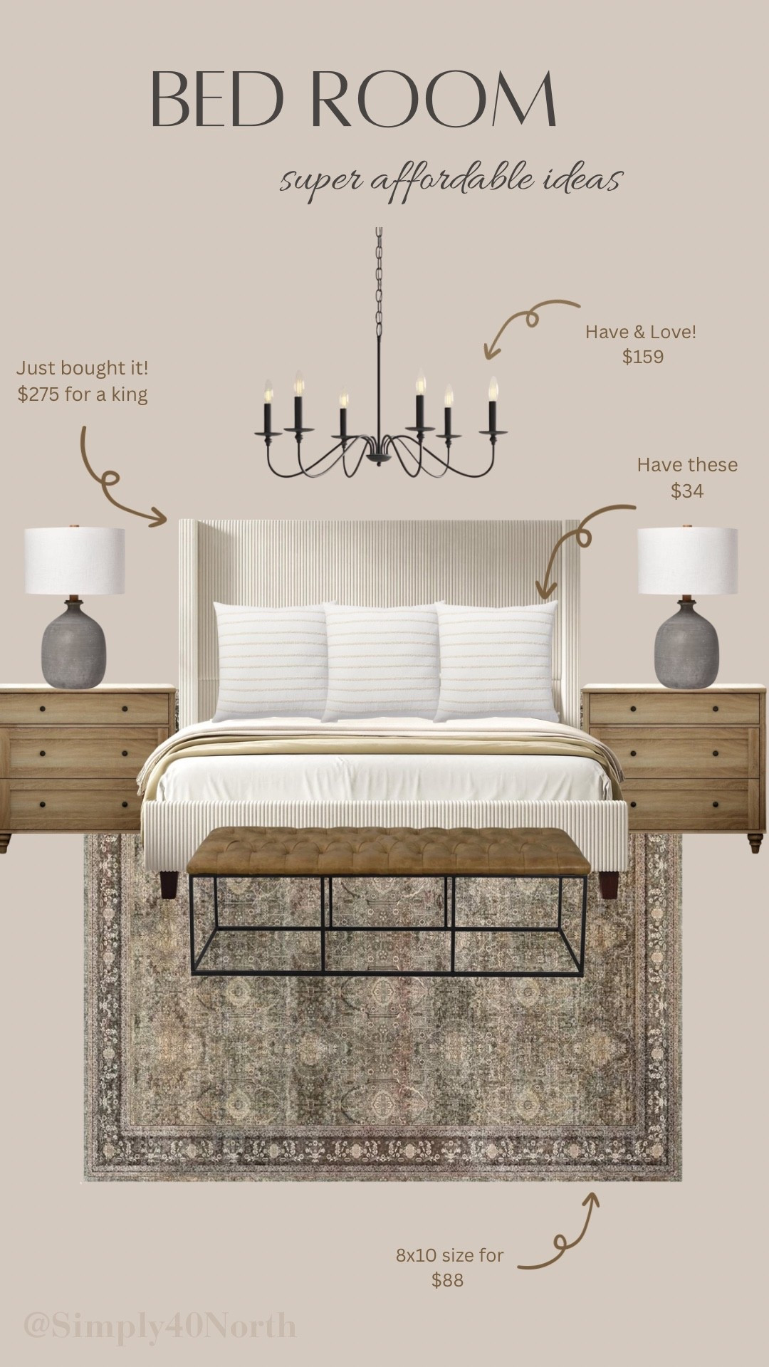 Affordable Master Bedroom
I just bought this king size bed for $275!  I have the bench, chandelier, lamps, and euro pillows.  Highly recommend.  The rug is on sale for $88 for the 8x10 size.  The night stands are from Walmart.

#LTKHome #LTKSaleAlert