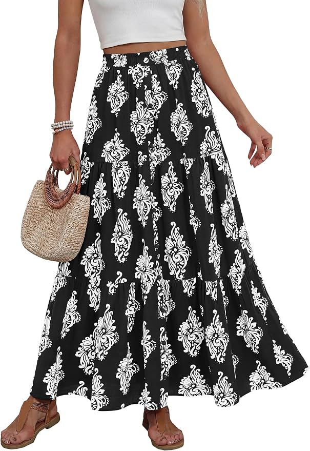 BTFBM Long Skirts for Women Summer 2026 Elastic High Waist Flowy A Line Casual Boho Tiered Floral... | Amazon (US)