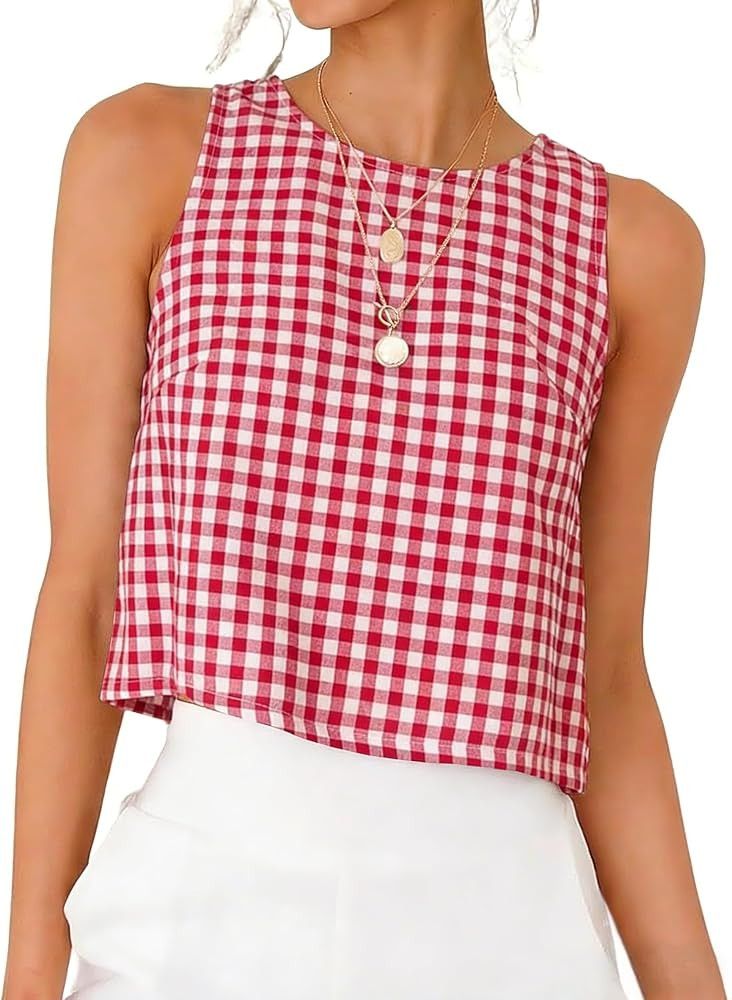 IDEALSANXUN Womens Gingham Crop Tank Tops 2026 Spring Summer Sleeveless Vest Top | Amazon (US)