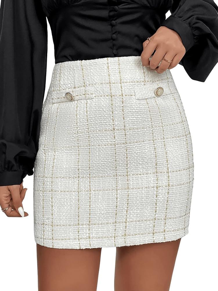 Women's Elegant High Waisted Plaid Skirt Button Front Raw Trim Tweed Mini Skirts | Amazon (US)
