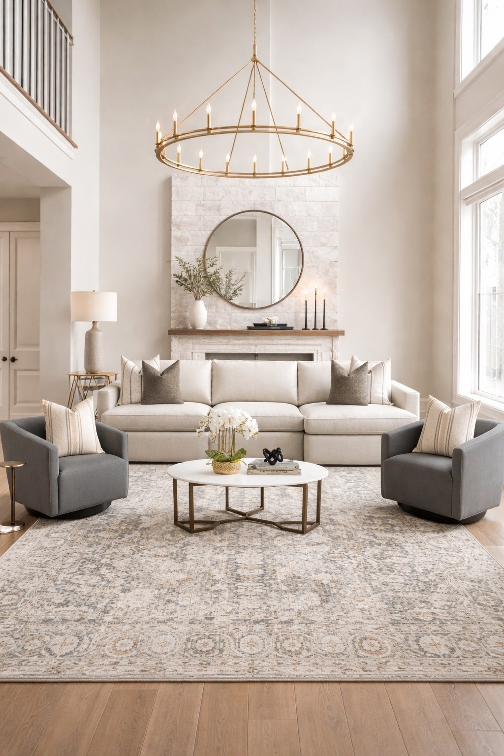 This space is all about balance — warm brass, creamy upholstery, subtle texture, and those perfectly tailored gray swivel chairs for contrast. The oversized chandelier makes the room feel grand, while the layered rug and round coffee table keep it cozy and inviting.

Everything is linked for you on LTK — from the chandelier to the swivel chairs and coffee table 🤎 Tap to shop the full look and recreate this elevated, timeless living room in your own home.

#LTKHome