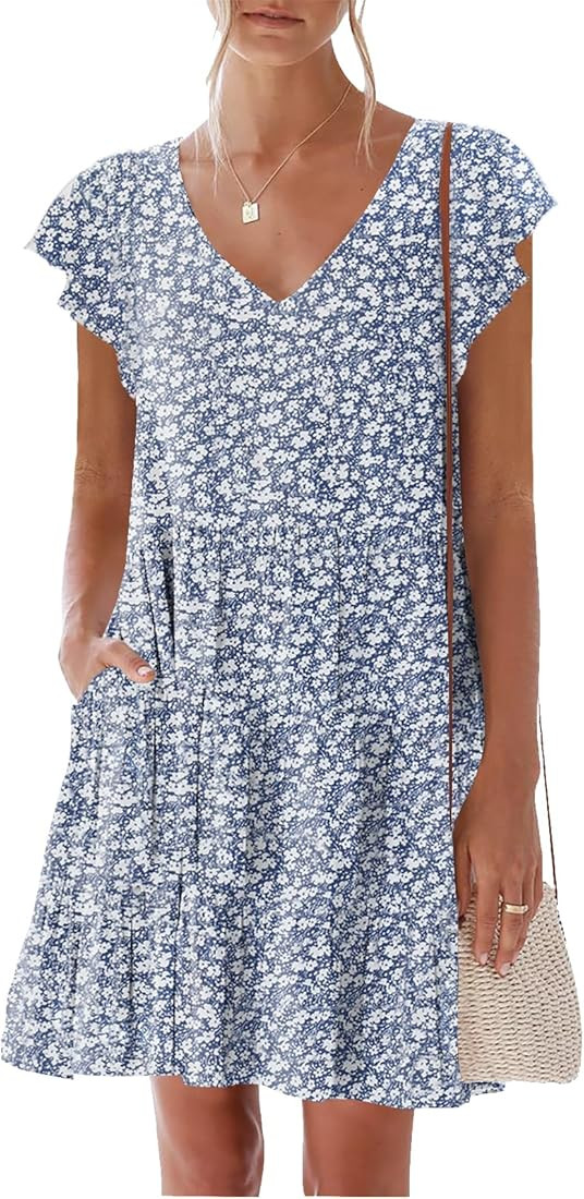 nclook Womens 2025 Summer Casual Ruffled Sleeve Dress Sweet Cute V Neck Mini Dress with Pockets | Amazon (US)