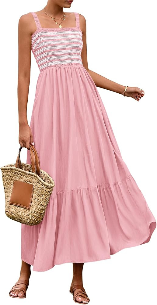 BTFBM Summer Midi Dresses for Women 2025 Spring Sleeveless Square Neck Smocked Flowy Long Beach V... | Amazon (US)