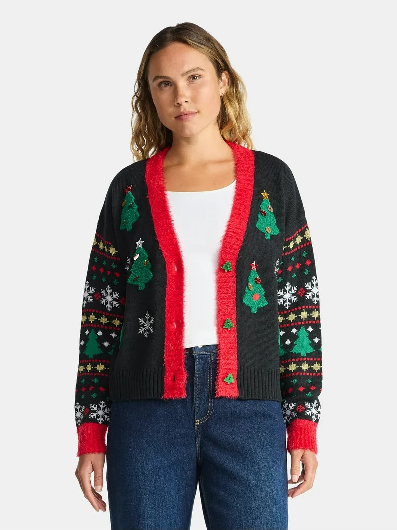 Women's Embellished Button Front Christmas Cardigan from Holiday Time, Sizes XS-XXXL | Walmart (US)