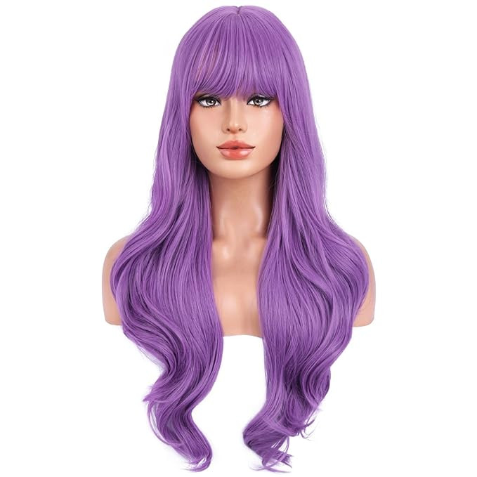 BERON Purple Wig Long Wavy Purple Wig with Bangs for Women Daily Party Hairnet Include | Amazon (US)