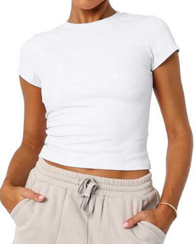 Women's Basic Summer Short Sleeve Crewneck T-Shirts Y2K Cute Going Out Tops Baby Tee(White,Large) | Amazon (US)