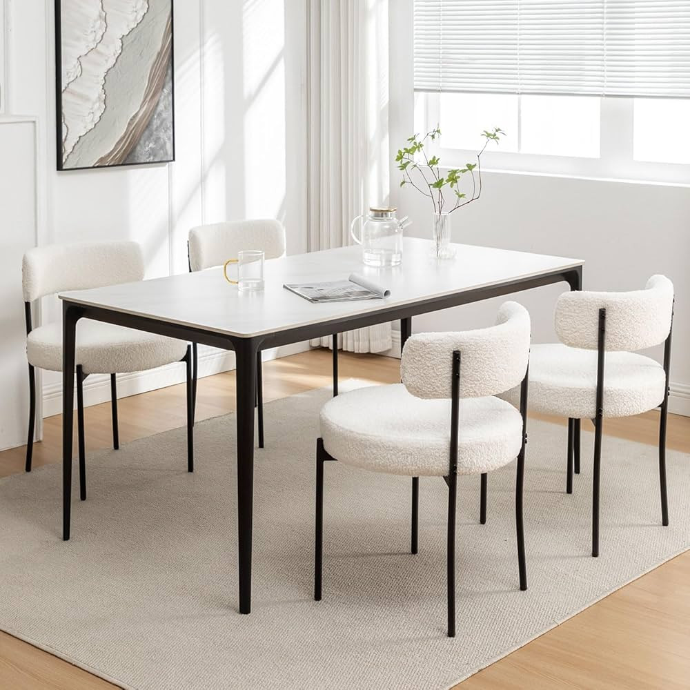 Boucle Dining Chairs Set of 4, Round Upholstered Dining Chairs with Black Metal Legs, Modern Dini... | Amazon (US)