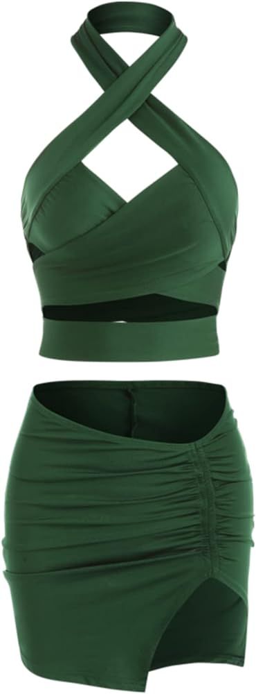 ZAFUL Women's Sexy Bodycon Party Dress Outfits Spaghetti Strap V-Neck Halter Crop Tank Top Midi S... | Amazon (US)