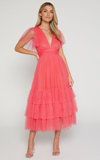 Jiraye Midi Dress - Flutter Sleeve Tuelle Plunge Dress in Coral | Showpo (US, UK & Europe)