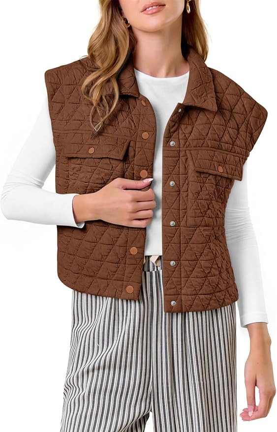 Womens Puffer Vest Quilted Collared Sleeveless Jacket Button Down Outerwear with Pockets | Amazon (US)