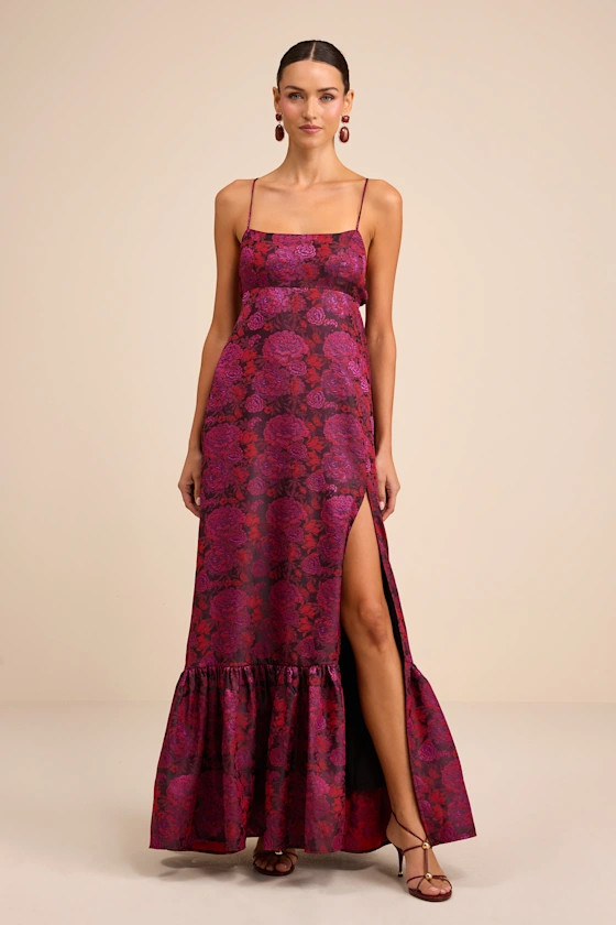 Jasiel Burgundy Jacquard Lace-Up Tiered Maxi Dress | Lulus
