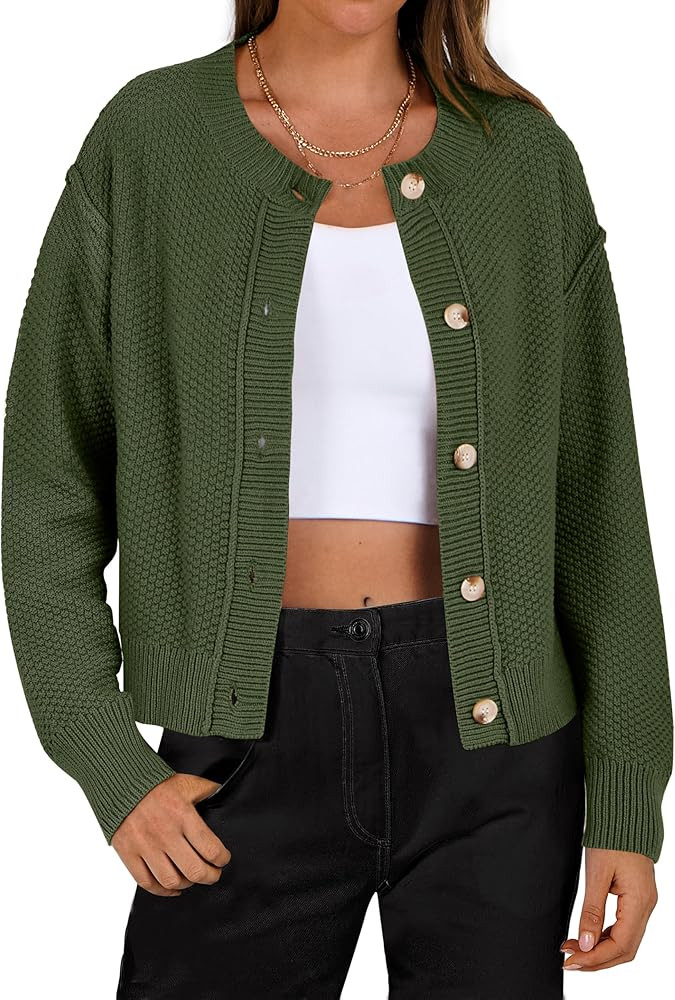 ANRABESS Womens Cardigans Sweater 2024 Fall Cropped Button Lightweight Jacket Knit Waffle Winter ... | Amazon (US)