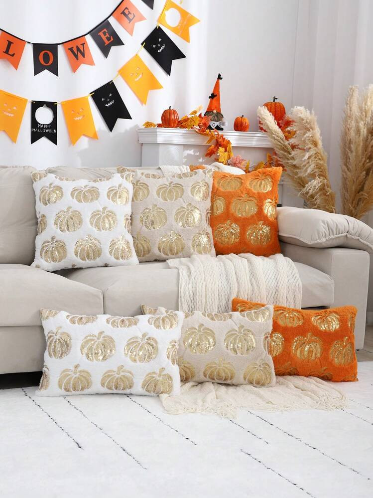 1pc Halloween Pompoen Ontwerp Glitter Borduren Pluche Kussenhoes, Herfst/Winter Home Decor | SHEIN