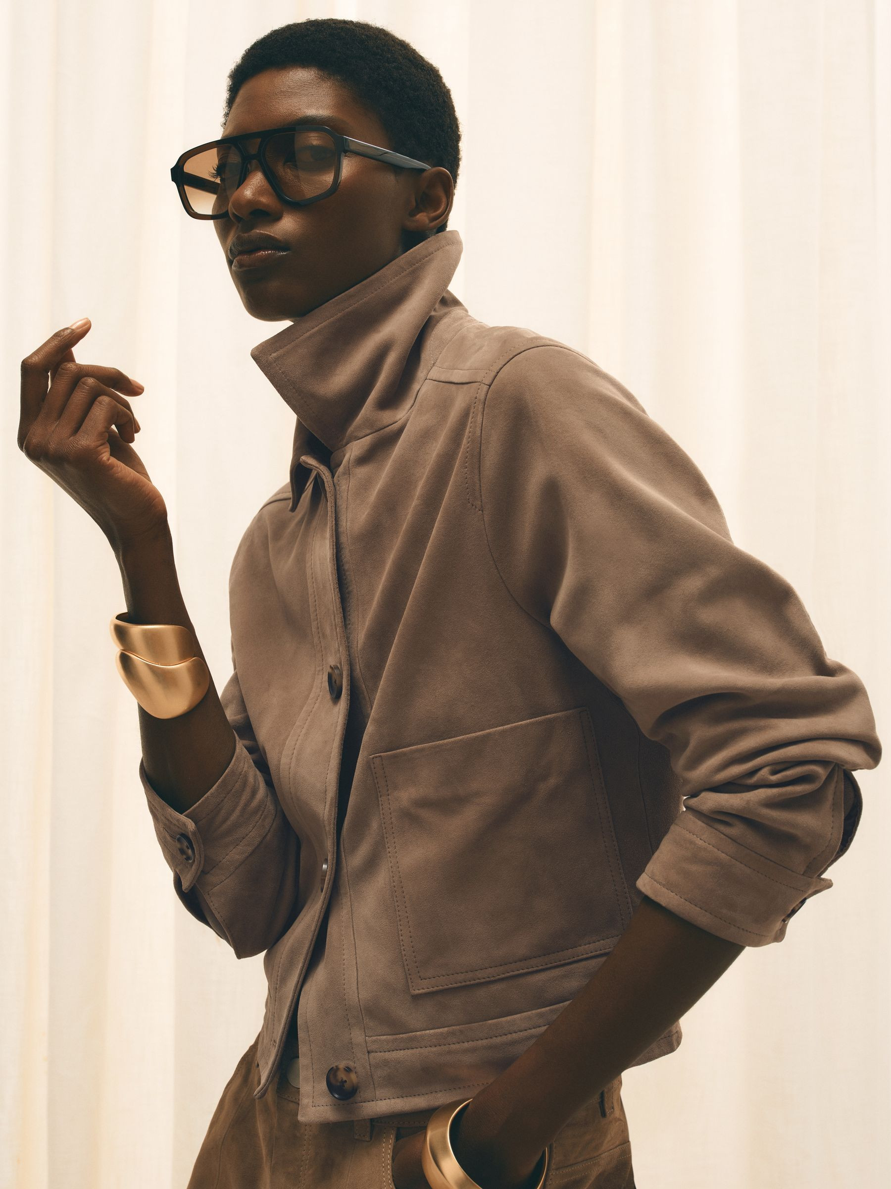 Reiss Suede Cropped Trucker Jacket in Neutral - REISS | Reiss UK