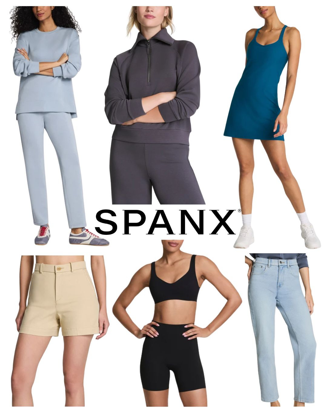 Spanx Sale! Grab my favorite athleisure on SALE!! Great quality for a lesser price. Perfect for airport days, lounging at home, pilates, or running everyday errands. I’m 5’7” and 130 lbs wearing a size Medium for the best fit. Athleisure, shorts, airessentials, bralette, leggings, dress,    pants, jeans, tunic. #spanxsale #spanxpartner 

 #LTKootd #LTKOver40 #LTKSaleAlert