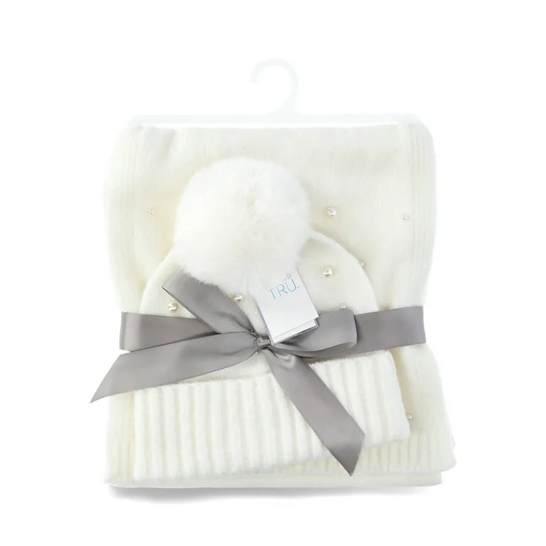 Time and Tru Women's Faux Pearl Accent Beanie and Winter Scarf 2-Piece Gift Set, Ivory | Walmart (US)