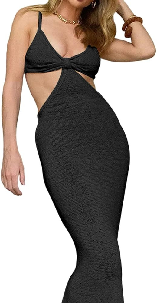 Amazon.com: Lunoakvo Vacation Knitted Maxi Dresses for Women Summer Elegant Sexy Party Cut Out Ba... | Amazon (US)