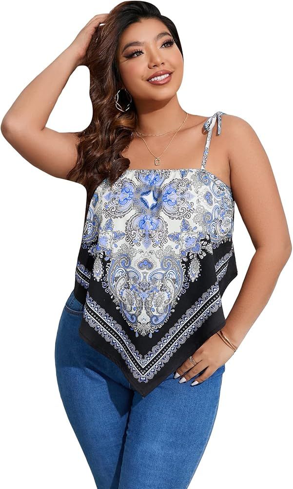 Floerns Women's Plus Size Boho Printed Tie Shoulder Sleeveless Hanky Hem Cami Top | Amazon (US)