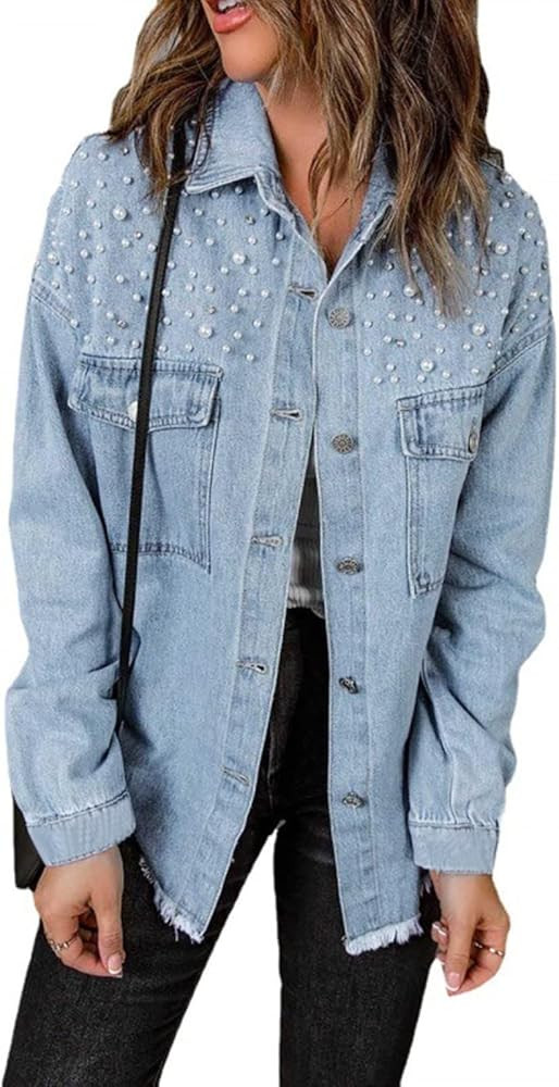Women's Pearls Denim Jacket Casual Pearls Beading Button Jean Coat for Women | Amazon (US)