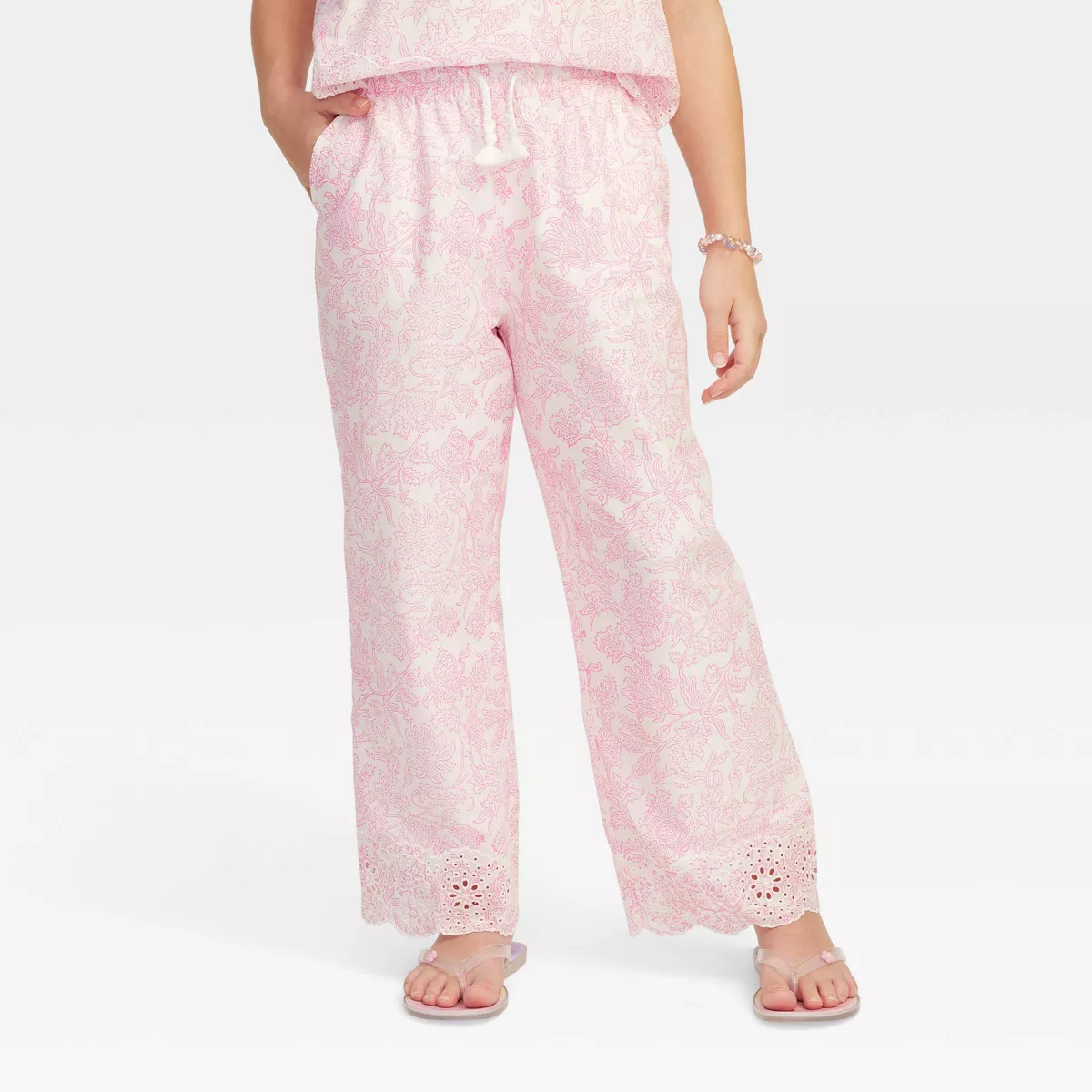 Girls' Sketched Floral Eyelet Hem Tie-Waist Pants Pink - Roller Rabbit x Target XS | Target
