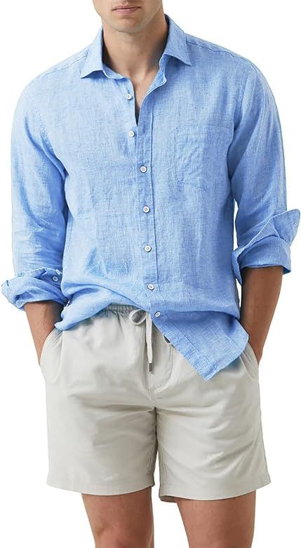 Men's Cotton Linen Casual Stylish Button Down Shirt Long Sleeve Dress Shirts | Amazon (US)