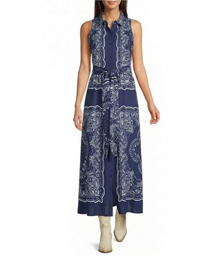 Orion Bandana Print Point Collar Sleeveless A-Line Maxi Dress | Dillard's