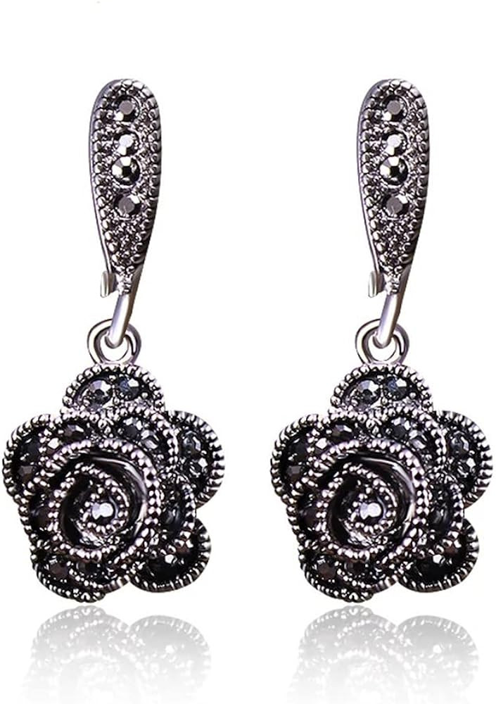 Vintage Earrings For Women Black CZ Rose Flower Drop Earrings Jewelry | Amazon (US)