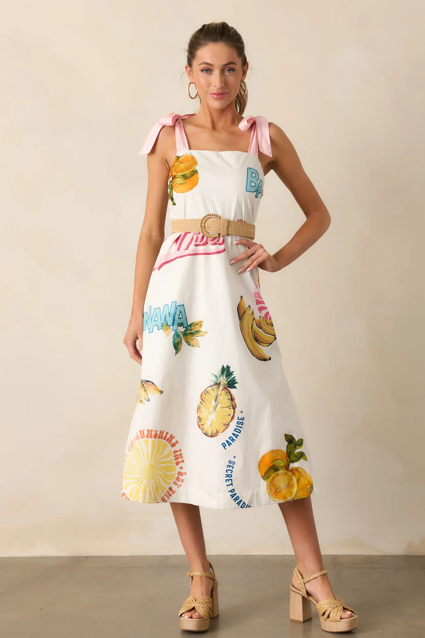 Take A Chance Cotton Ivory Tropical Fruit Print Midi Dress | Red Dress