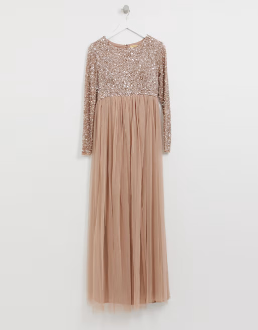 Maya Maternity Bridesmaid long sleeved maxi dress with delicate sequin and tulle skirt in taupe b... | ASOS US