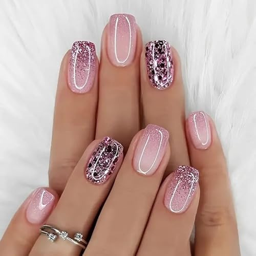 24Pcs Pink Press on Nails Short Square Fake Nails with Glitter Sequins Designs Glue on Nails Glitter Pink Gradient French Tips Stick on Nails Glossy Full Cover Acrylic Nails for Women Decor | Amazon (US)